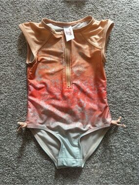 Cat & Jack Peach Coral Zip Front Girls One-Piece Swimsuit